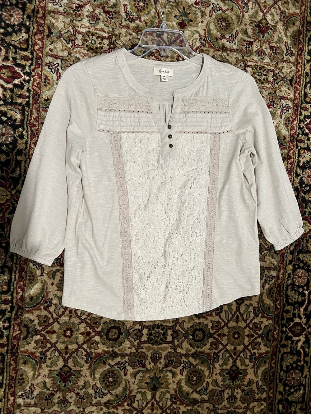 Style & Co. Beige Lace Crochet Front Top Size Petite Medium